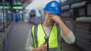 Kasketli ve yansıtıcı yelekli genç bir adam bir yolcu teknesinde ingiliz anahtarı tutuyor, deniz kenarında çalışmak konusunda endişeli ve düşünceli görünüyor..