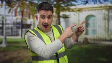 Yansıtıcı yelek giyen İspanyol genç adam parkın arka planında heyecan verici bir şekilde yer alıyor. Bulanık doğal arka plan, açık havada sürpriz ve ilgi gösteriyor..