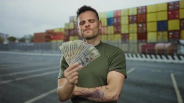 Kentsel caddede Amerikan doları tutan genç bir adam. Arka planda konteynırlar var. Göze yakın bir işaret gösteriyor.