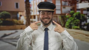 Kılavuz üniformalı genç adam gülümseyip yüzünü gösteriyordu. Şehir sokaklarının arka planı ve yeşilliği bulanıktı..