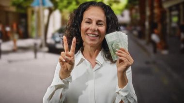 Orta yaşlı bir kadın elinde Şili pezosu ile bir şehir caddesinde zafer işareti yapıyor, pozitifliğini ve güvenini ifade ediyor..