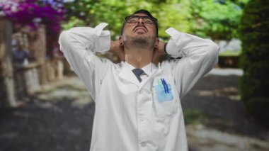 Beyaz laboratuvar önlüğü giyen bir adam ağaçlar ve binalarla kaplı güneşli bir şehir sokağında boynunu acı içinde tutuyor..