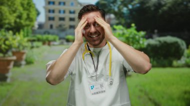 Parkta gülümseyen steteskoplu genç bir doktor, işe ara verirken rahatlama ve mutluluk gösterisi yapıyor..