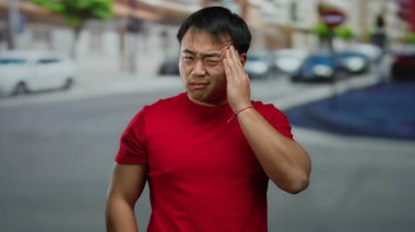 Kırmızı gömlekli genç adam, arka planda arabaları ve bulanık binaları olan yoğun bir şehir caddesinde stresli bir şekilde beliriyor ve hayal kırıklığı veya baş ağrısı hissi veriyor..
