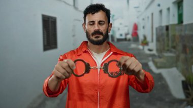 Turuncu bir hapishane tulumu giymiş, sakallı İspanyol bir adam, elinde kelepçelerle dışarıda duruyor. Halka açık bir ortamda tutuklu ya da kaçak bir mahkum senaryosunu canlandırıyor..