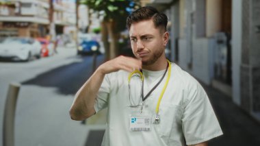 Sakallı genç bir doktor işlek bir caddede steteskop ve beyaz önlükle kötü bir koku yüzünden burnunu tutuyor..