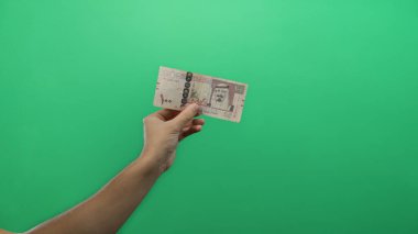 Suudi Arabistan para birimi sunumunu modern bağlamda vurgulayarak, izole edilmiş yeşil arka plan duvarına karşı Suudi riyal banknotları tutan adam.