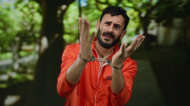 Turuncu tulumlu ve kelepçeli İspanyol bir adam ağaçlarla çevrili yeşil bir parkta endişeyle dikiliyor..