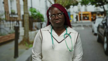 Şehir arka planında steteskoplu bir kadın gözlüklü ve örgülü bir süveter giyiyor ve meraklı bir görünüm sergiliyor..