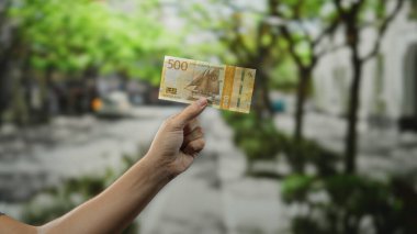 Bir şehir caddesinde Norveç Kronu 'nu elinde tutan adam canlı bir şehir ortamında para sergiliyor. Arka planda bulanık ağaçlar ve binalar var..