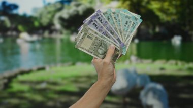 Parkta elinde Hint banknotları tutan beyaz bir adam, arka planda yemyeşil bir gölet ve yemyeşil bir ortamda mali başarı gösteriyor..