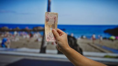 Arka planda bulanık bir plaj sahnesi olan deniz kenarında elinde kara para tutan bir adam, açık deniz manzarasındaki mali işlemleri yansıtıyor..