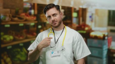 Steteskoplu genç sakallı erkek doktor, taze ürün ve diğer pazar unsurlarıyla çevrili açık hava meyve pazarında dikilirken kendini gösteriyor..