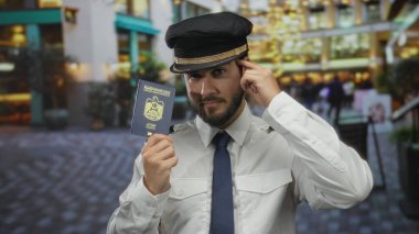 Birleşik Arap Emirlikleri pasaportu taşıyan pilot üniformalı bir adam kalabalık bir sokak ortamında dışarıda..