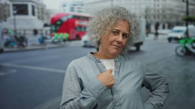 Şehir caddesinde gri saçlı bir kadın, günlük kıyafetler giyiyor, kırmızı otobüsler ve minibüslerle dolu Londra 'da..