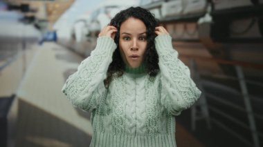 Dalgalı saçlı bir yolcu gemisindeki kadın, deniz manzarasının ortasında mavi gökyüzünün altında rahat bir süveter giyip seyahat ve macera önerisinde bulunurken şaşkınlığını dile getiriyor..