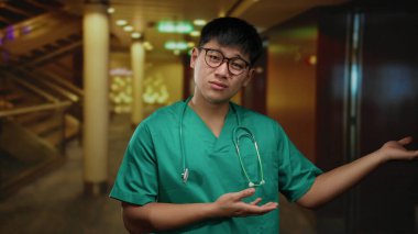 Yeşil önlüklü genç Çinli adam modern bir otelin içini işaret ederek, sağlık hizmetleri profesyonelliği ve sofistike otel tasarımının karışımını vurguluyor..