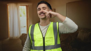 Otelin içinde yansıtıcı yelek giyen genç İspanyol bir adam, burnuna işaret ederek, pencerelerden içeri güneş ışığı süzülen sıradan ve eğlenceli bir atmosfer yaratıyor..