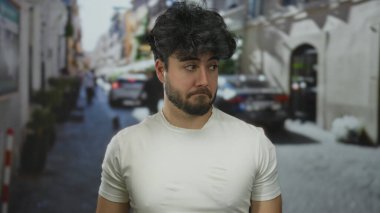 Şehir caddesinde sakallı genç bir İspanyol, şehir hayatı ve trafiğinin ortasında günlük beyaz tişört giydiğini belirterek şüpheciliğini dile getiriyor.