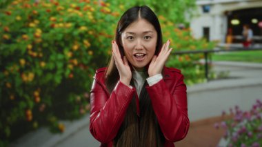 Kırmızı ceketli kadın, dışarıda yeşil parkın arka planında heyecan ifade ediyor, parlak çiçekli manzara, gün ışığında canlı ve neşeli anlar sergiliyor, pozitif duygular yayıyor..