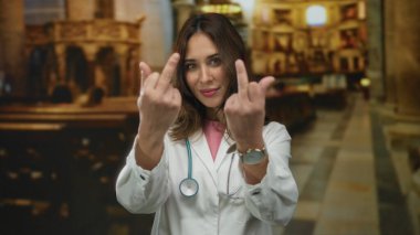 Steteskoplu İspanyol kadın doktor kilisede jest yapıyor. Tıp mesleğini dini bir ortamda beklenmedik davranışlarla harmanlıyor..