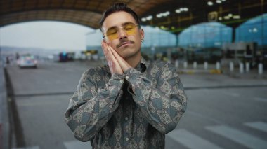 Genç İspanyol adam hava alanında uyku jesti yapıyor. Arka planda modern mimari bulanıklığı var. Yorgunluğunu ve seyahat yorgunluğunu ifade ediyor..