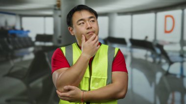 Yansıtıcı yelek giyen genç adam, arka planda D harfi ve oturma düzeniyle boş bir havaalanı terminalinde düşünceli bir şekilde duruyor..