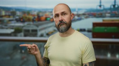 Liman bölgesindeki deniz kenarı manzarasına bakan adam, liman bölgesinde gündüz saatlerinde arka planda nakliye konteynırları ve vinçlerle....