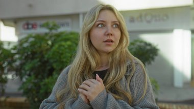 Sarışın genç bir kadın şehir caddesinde, şehir yeşilliği ve mimarisi ile çevrili aydınlık bir gün ışığında endişeli görünüyor..