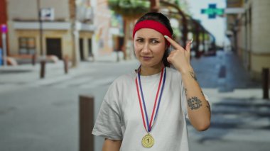 Şehir caddesinde kafası üzerinde madalyon ve kafa bandıyla çılgın jestler yapan bir kadın.