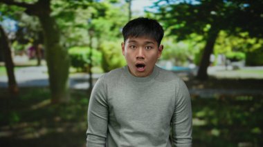 Parlak güneş ışığı altında yemyeşil ağaçların olduğu bir park ortamında genç bir adam doğal bir manzara sergiliyor..