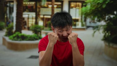 Kırmızı gömlekli genç adam şehir caddesinde hayal kırıklığı yaşıyor. Çevresi bulanık yeşillik ve şehir mimarisi ile çevrili. Açık hava duygularının özünü yakalıyor..