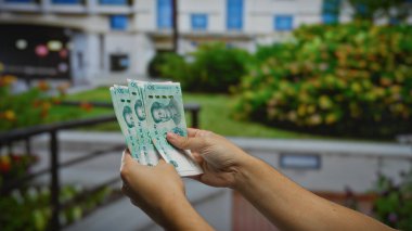 Şehir dışındaki bir park ortamında Çin Yuan banknotları tutan adam, iş ve mali işlemleri temsil ediyor, şehir planıyla.