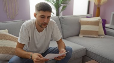 Genç İspanyol adam modern oturma odasında rahat dekorlu belgeler okuyor, günlük kıyafetler giyiyor ve derin derin düşünüyor..