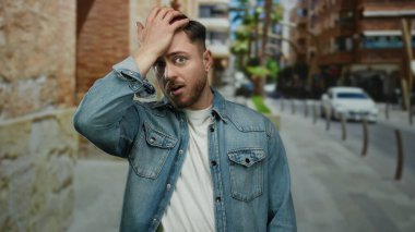 Sakallı genç adam şehir caddesinde güneş ışığının altında duruyor. Üzerinde kot gömlek ve açık hava tişörtü var..