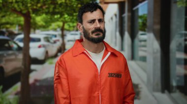 Portakal rengi hapishane tulumlu İspanyol bir adam kalabalık bir caddede duruyor, etrafı park etmiş arabalar ve binalarla çevrili, ciddi bir ifade sergiliyor..