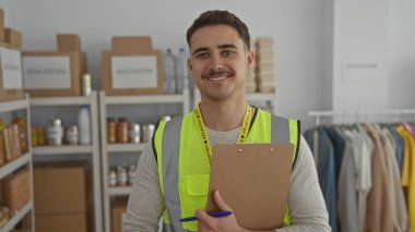 Yansıtıcı yelek giymiş genç bir adam, içinde kutular ve kıyafetlerle dolu bir bağış merkezinde, kendini evlere adamış bir gönüllüyü canlandırıyor..