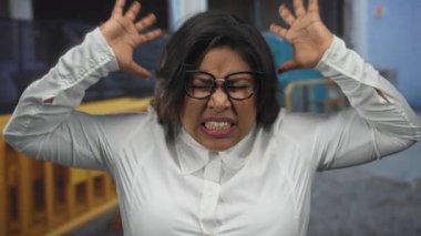 Şehir dışında bir yerde gözlük takan ve yoğun bir anda duygularını sergileyen bir kadın hayal kırıklığını ifade ediyor.