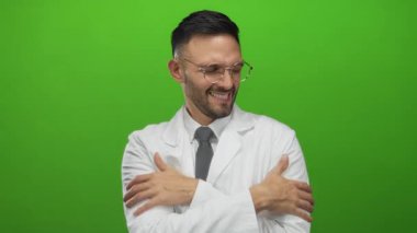 Beyaz önlüklü, titreyen, canlı yeşil arka planda soğuktan titreyen İspanyol bir genç. Duygularını ifade eden yüz ifadesi gözlüklü yetişkin bir erkek.