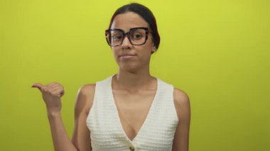 Gözlüklü, beyaz bluzlu genç İspanyol bir kadın, parmağını yalıtılmış, sarı bir arka plana doğru gösteriyor. Merakını ve dikkatini gösteriyor..