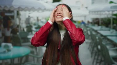 Uzun saçlı ve kırmızı ceketli bir kadın şehir merkezindeki bir terasta neşeyle gülümsüyor, canlı bir restoran ortamının ortasında mutluluk ve tarzını somutlaştırıyor..