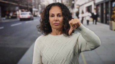 İspanyol kadın, şehir sokaklarında hüzünlü bir ifadeyle, şehir ortamında bir hayal kırıklığı ve duygunun görüntüsünü yakalıyor..