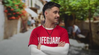 Kırmızı bir cankurtaran gömlekli genç İspanyol adam canlı bir şehir caddesinde çapraz kollarıyla duruyor, canlı şehir ortamına karışıyor, yaz havası yayıyor..