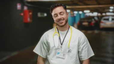 Sakallı ve steteskoplu genç bir adam, otoparkta duruyor, beyaz bir ceket giyiyor, arka planda arabaları olan sıradan bir iç mekan ortamında bir doktoru temsil ediyor..