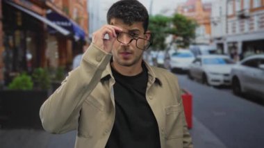 Güneş gözlüklü bir adam, genç bir İspanyol erkeğin şehir portresi için poz verdiği sokakta yürürken onları çıkartıyor..