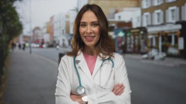 Dışarıda steteskoplu kadın doktor. Şehir merkezinin arka planında güvenle ayakta duruyor. Arka planda binalar var..