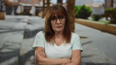 Bir kadın şehir caddesinde dikiliyor, kolları çapraz, gözlükler takıyor ve beyaz bir gömlek giyiyor, arka planda ağaçlar ve binalar olan şehir manzarası ile çevrili..