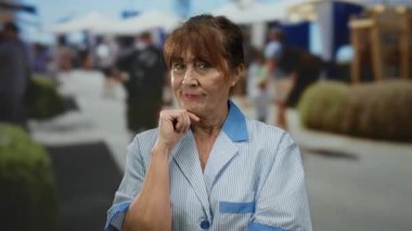 Kalabalık bir şehir pazarında mavi beyaz bir üniforma giyen, kendine güveni bulanık müşteriler ve hareketli sokak aktiviteleri arasında gezen bir kadın..