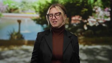 Parkta yemyeşil ve su özellikleri olan çeşitli duygular ifade eden gözlüklü bir kadın..