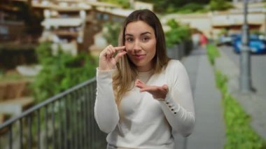 Sokakta beyaz kazaklı genç bir kadın elleriyle küçük bir jest yapıyor. Bulanık şehir geçmişiyle yürüyüş yolunda duruyor..